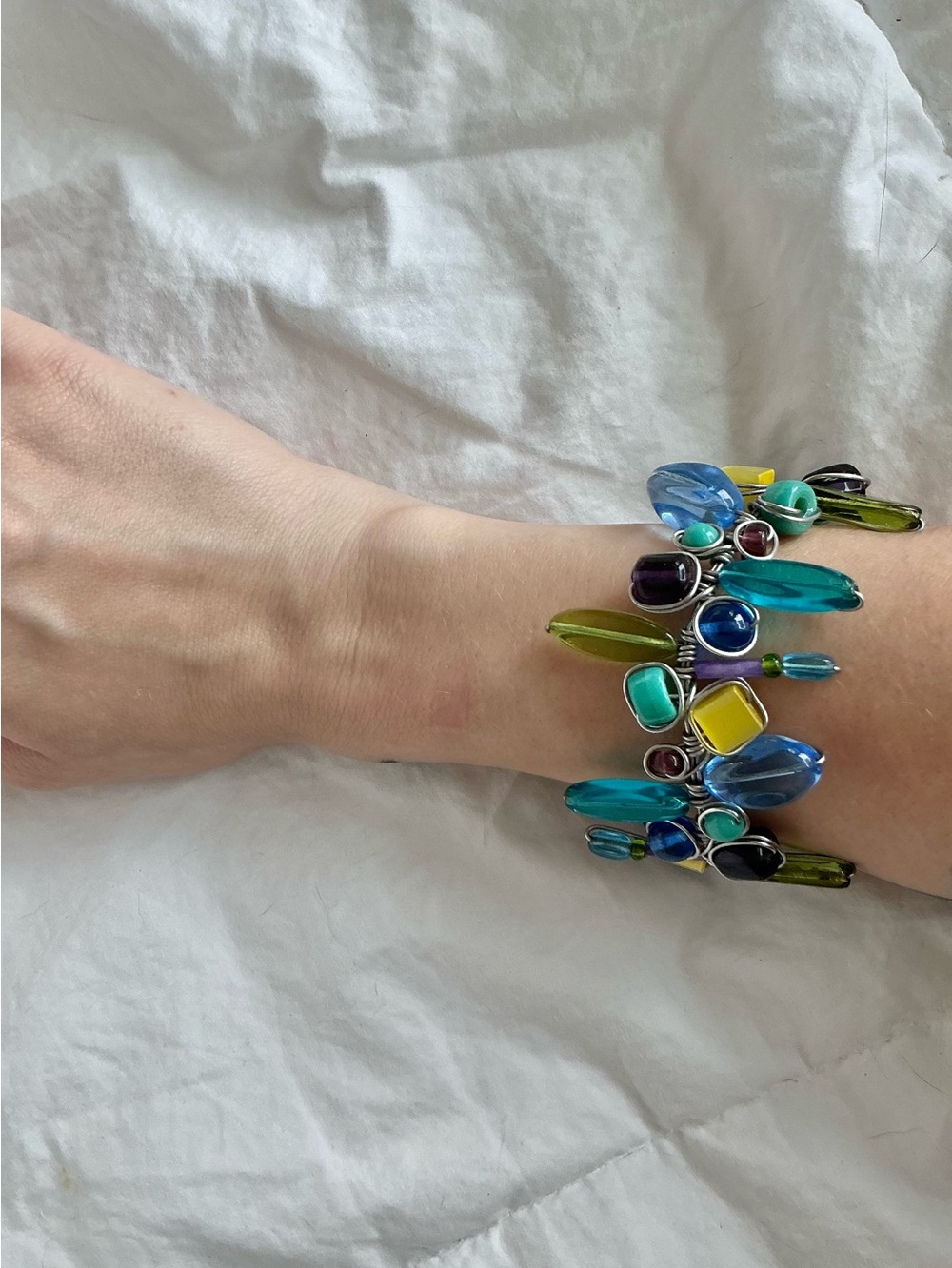 Vintage Colourful Glass Bead Bracelet Multicolor green blue purple yellow mauve